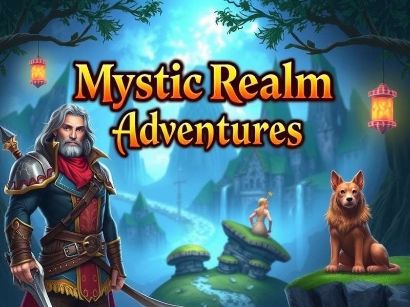 Mystic Realm Adventures game banner showing fantasy characters and magical landscapes